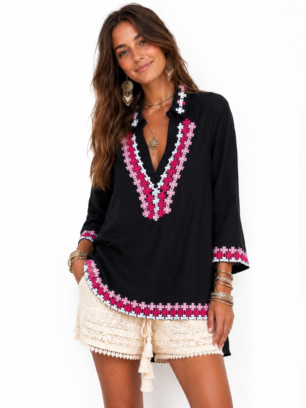 Charter Club Black Embroidered Tunic Top Size 14 | 100% Cotton | Made in India |